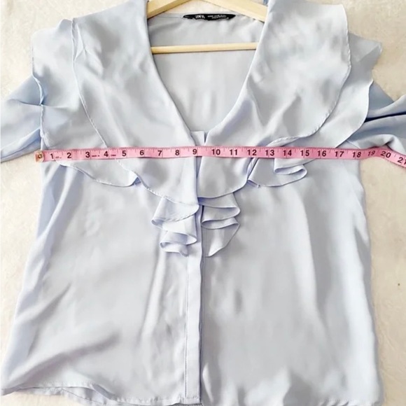 Zara Blue Elegant Ruffle Neckline and Tied Cuff Blouse - Picture 6 of 10